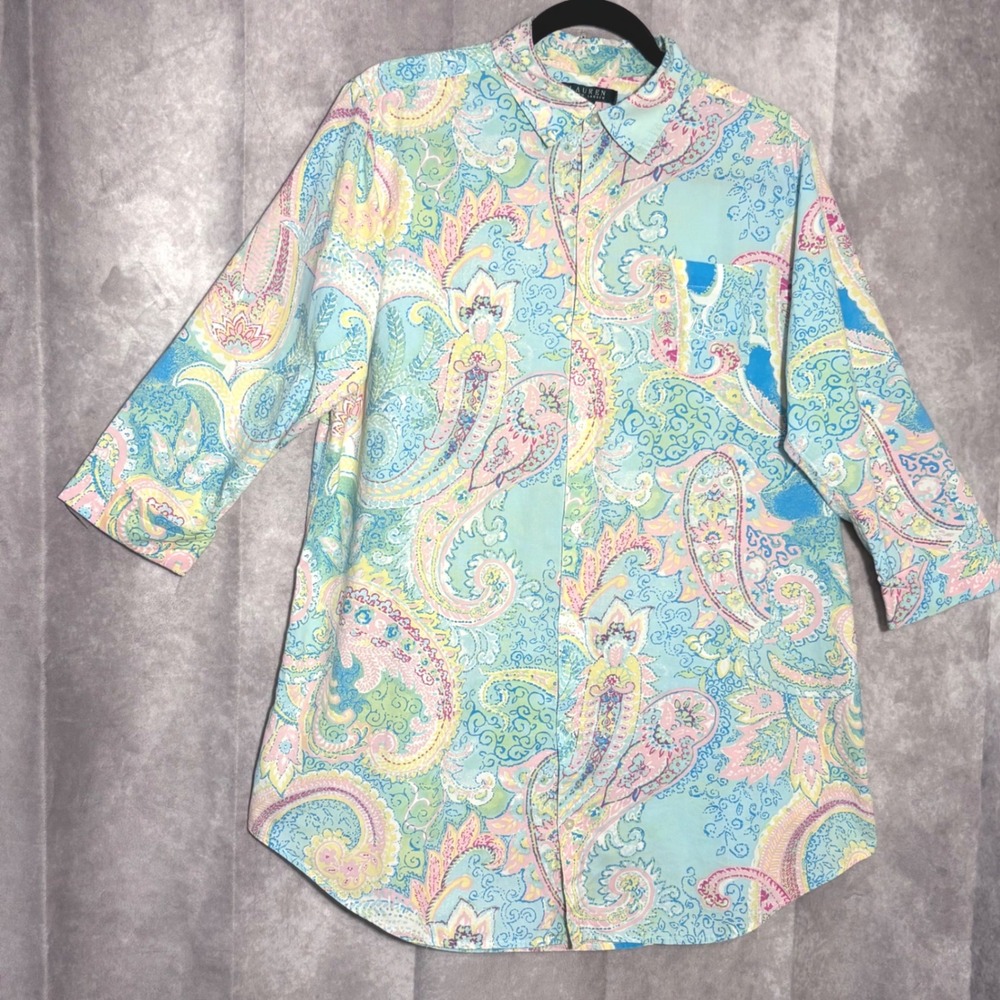 Lauren Ralph Lauren Paisley Button Down Women Size Medium Multi Color Coastal